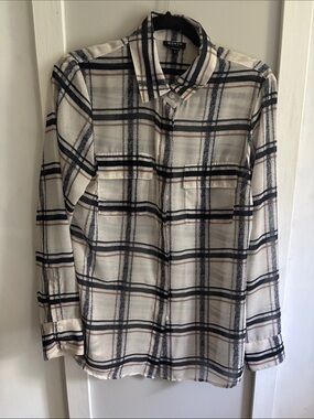 Worth Ivory Plaid Button-Up Blouse with Navy and Tan Stripes